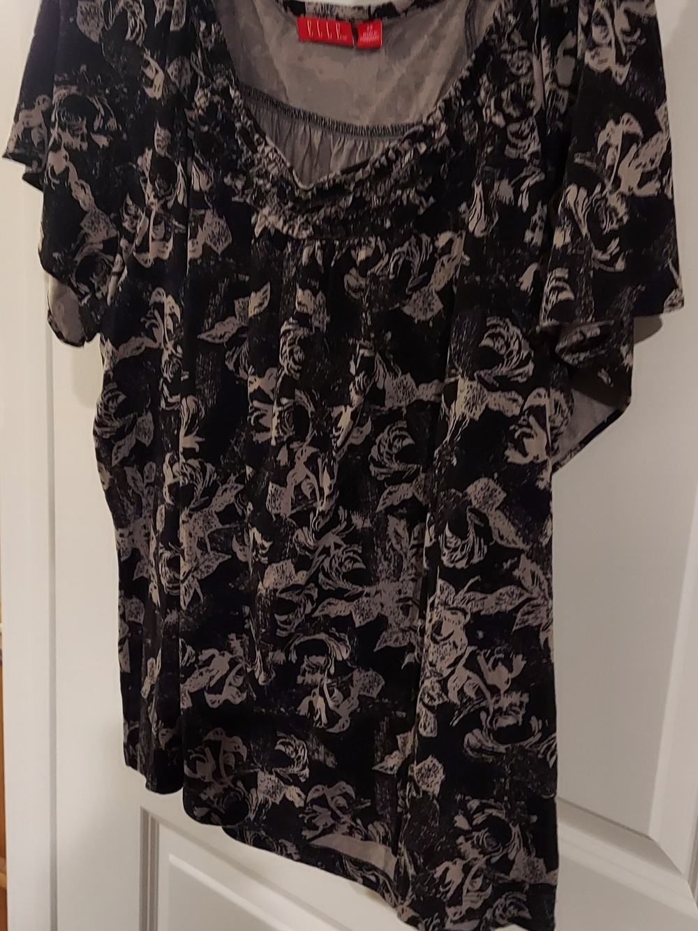 Elle Black and Taupe Floral Ruffle Neck Flutter Sleeve Top